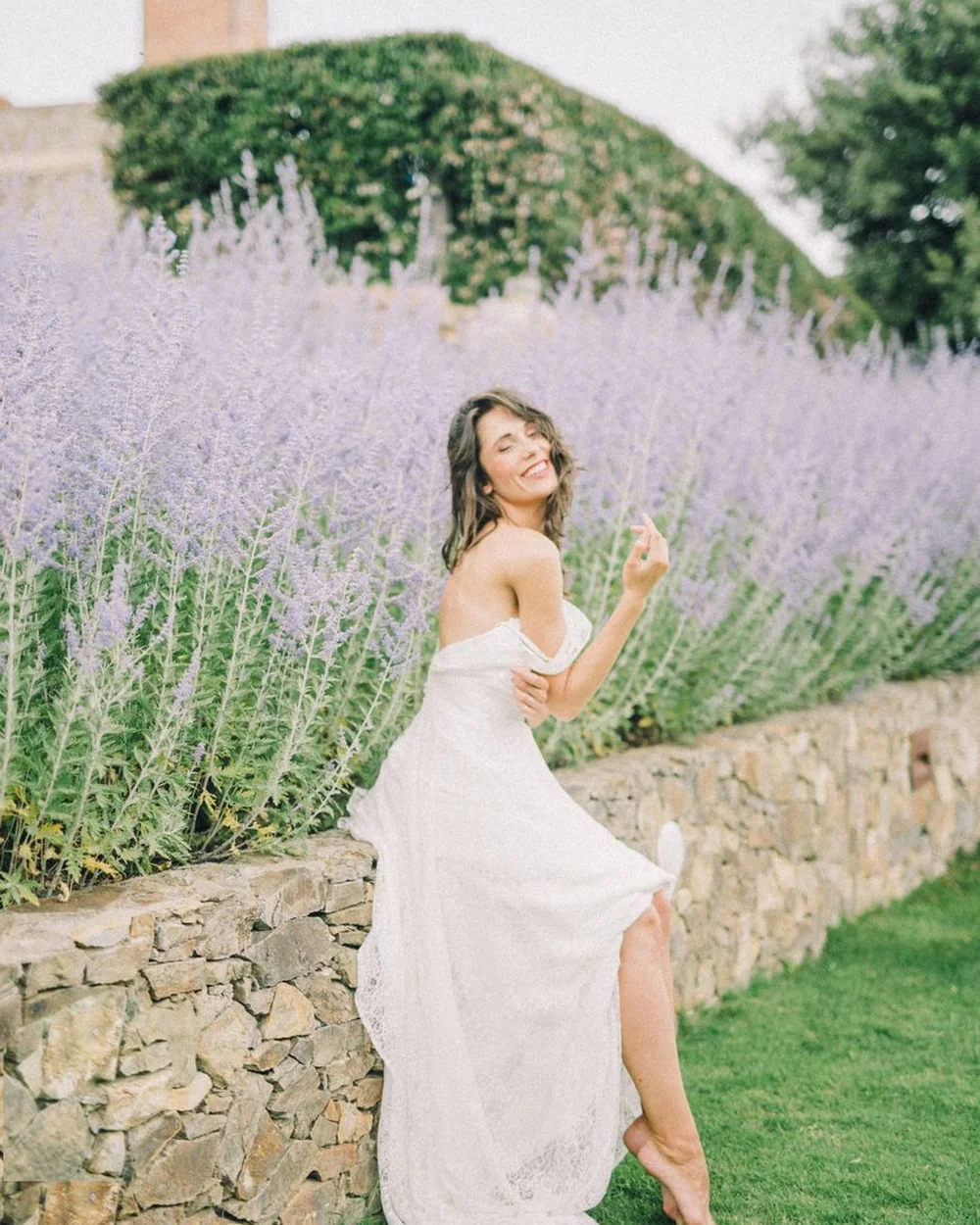 Tiered ivory voile on a lavender path