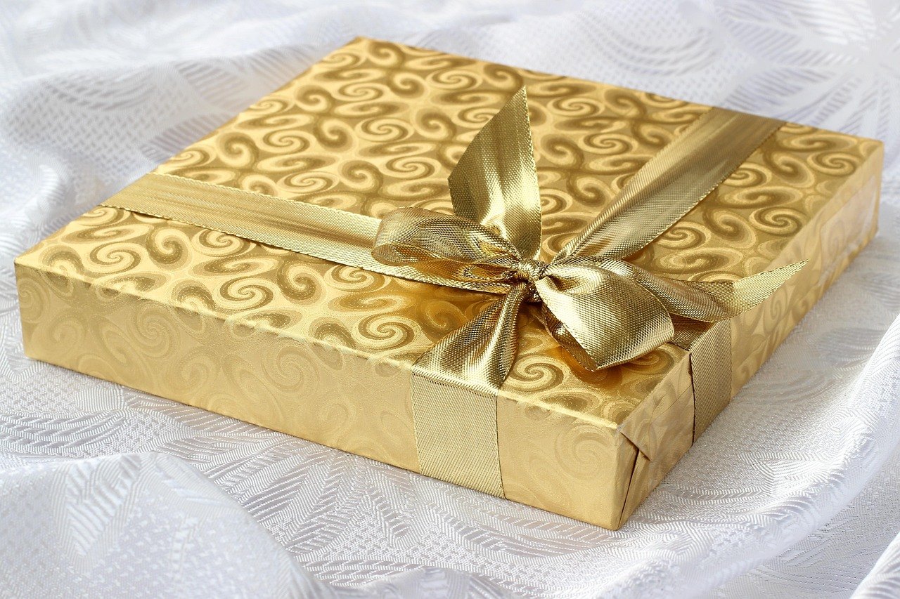 A gift box tied with ribbon