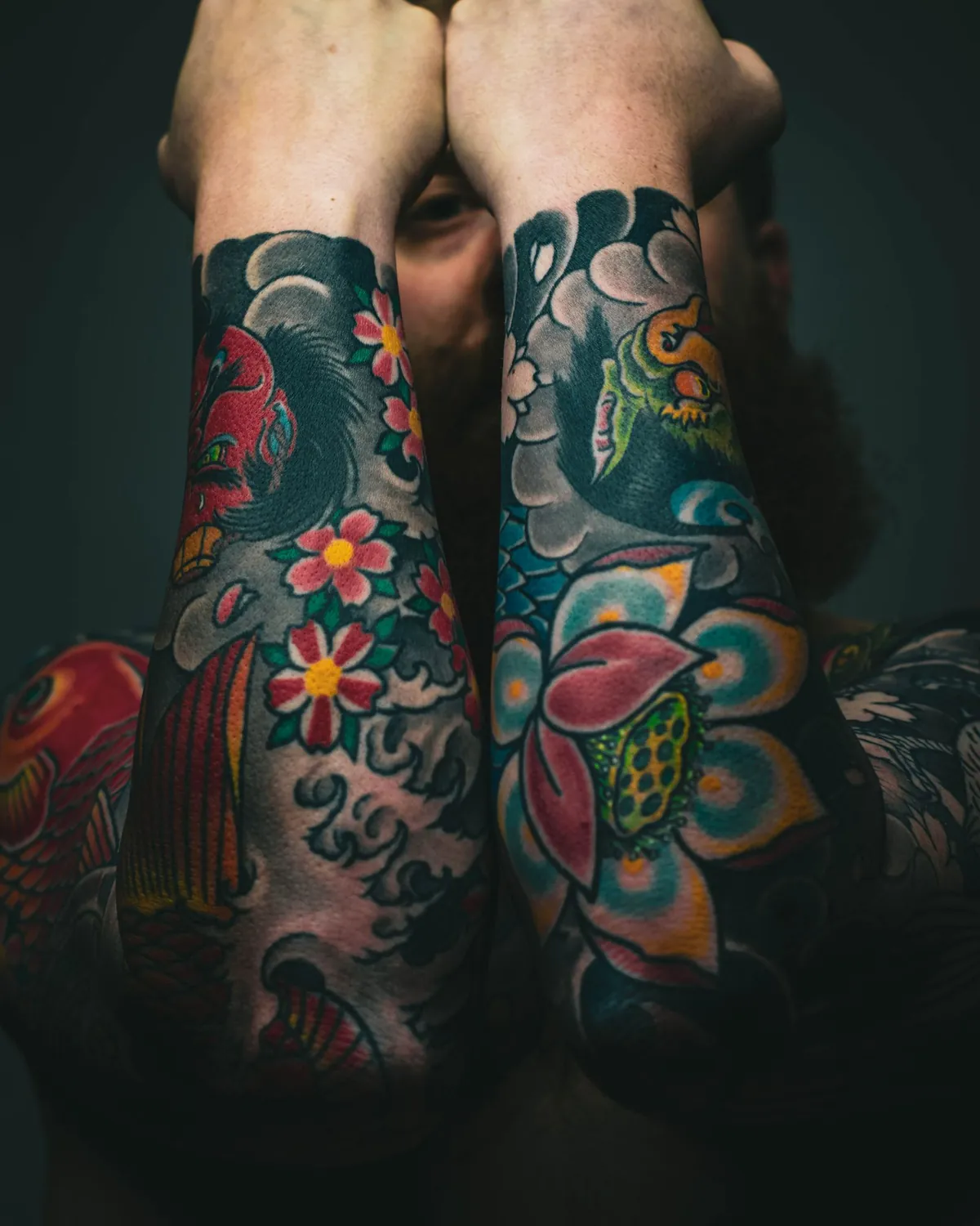 Peony, lotus & waves, Japanese tattoo on the Forearms by Yuki Arai