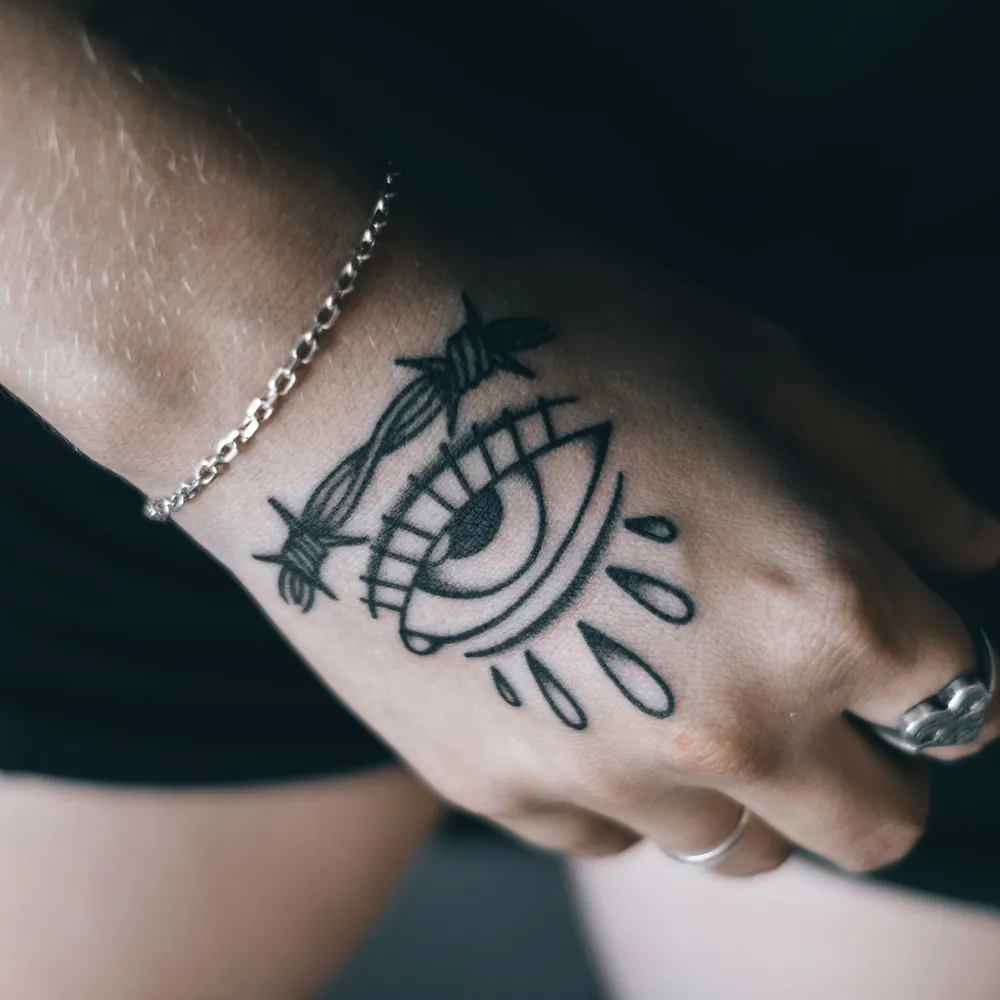 Weeping eye, Blackwork tattoo on the Hand by Kabir Rao