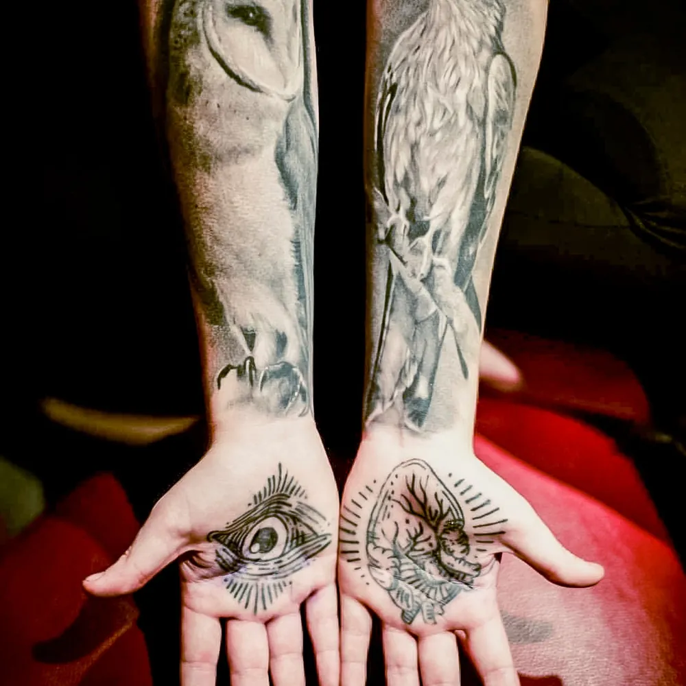Owl pair, Realism tattoo on the Forearms by Isha Menon