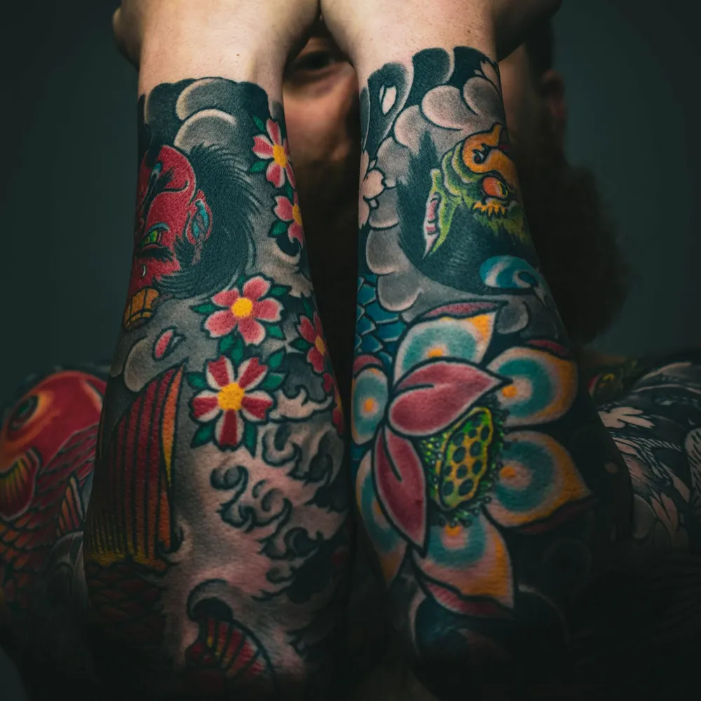 Peony & lotus, Japanese tattoo on the Forearms by Yuki Arai