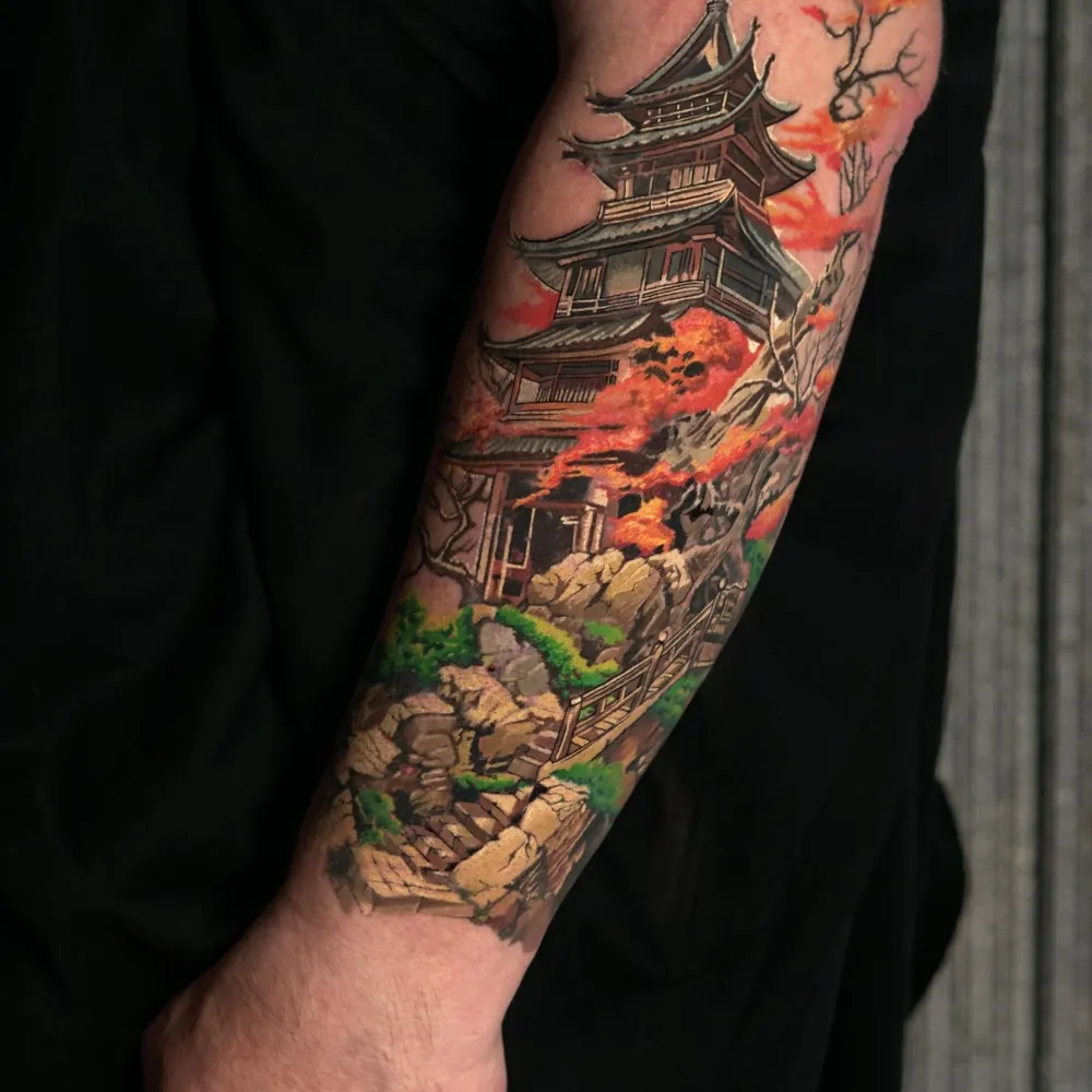 Pagoda landscape, Japanese tattoo on the Sleeve by Yuki Arai