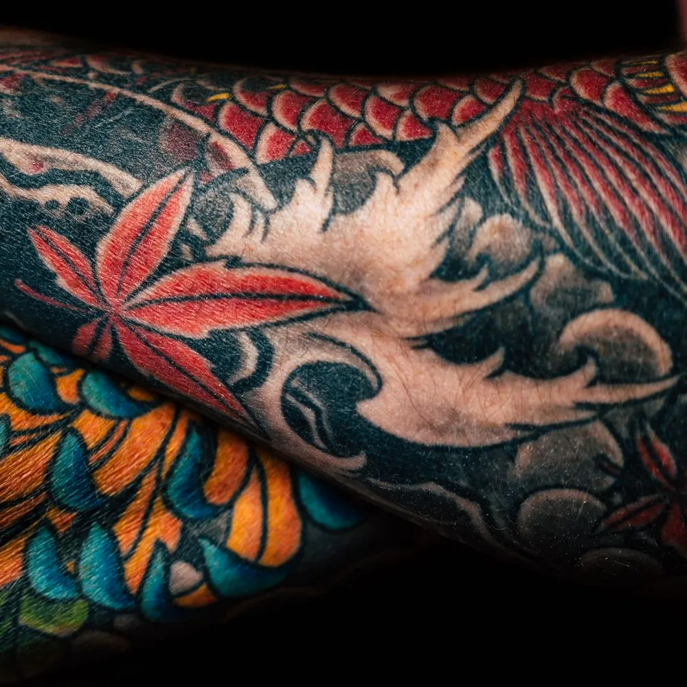 Maple & water, Japanese tattoo on the Sleeve by Yuki Arai