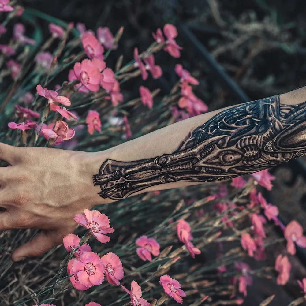 Biomech crocodile, Blackwork tattoo on the Forearm by Kabir Rao