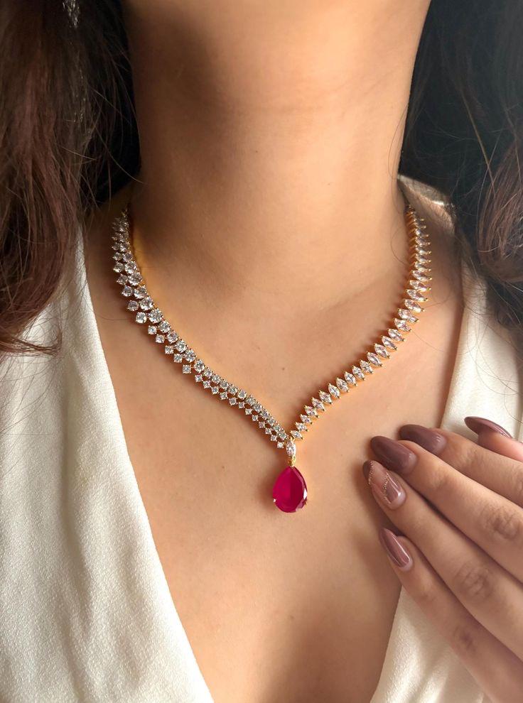 Elegant Ruby Teardrop Pendant Necklace Made 925 Sterling Silver
