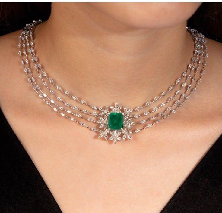 Luxury Emerald Multi-Layer Choker Necklace Made 925 Sterling Silver