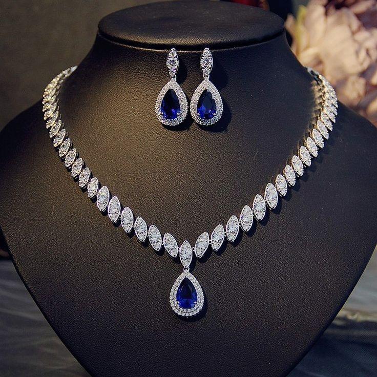 Royal Sapphire Teardrop Necklace & Earring Set Made 925 Sterling Silver