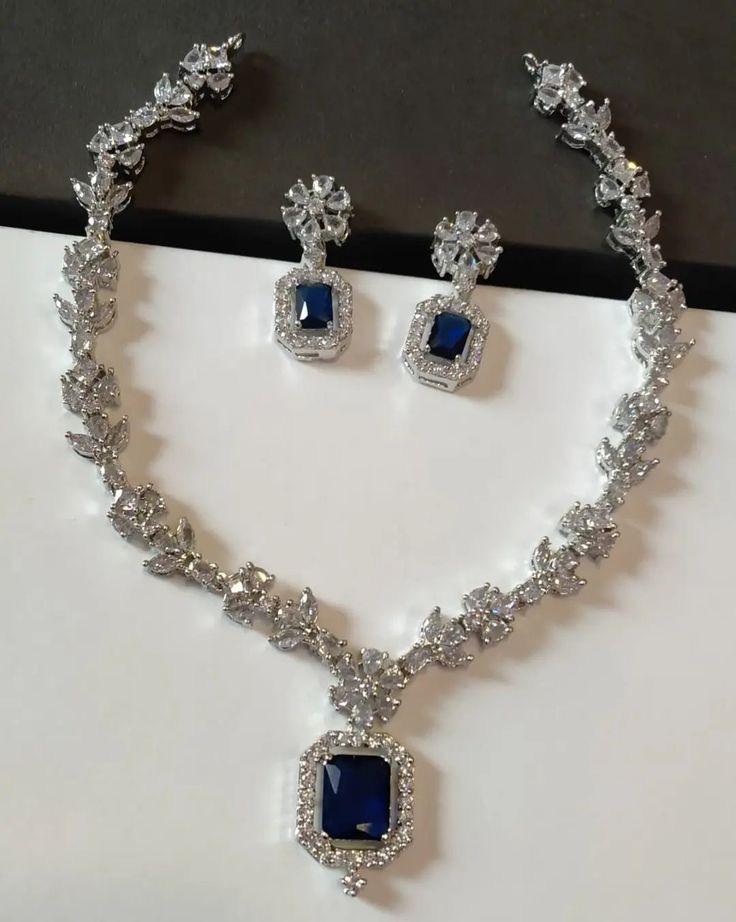 Elegant Sapphire Floral Necklace & Earring Set Made 925 Sterling Silver