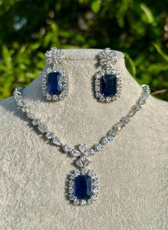 Classic Royal Sapphire Pendant Necklace & Earring Set Made 925 Sterling Silver
