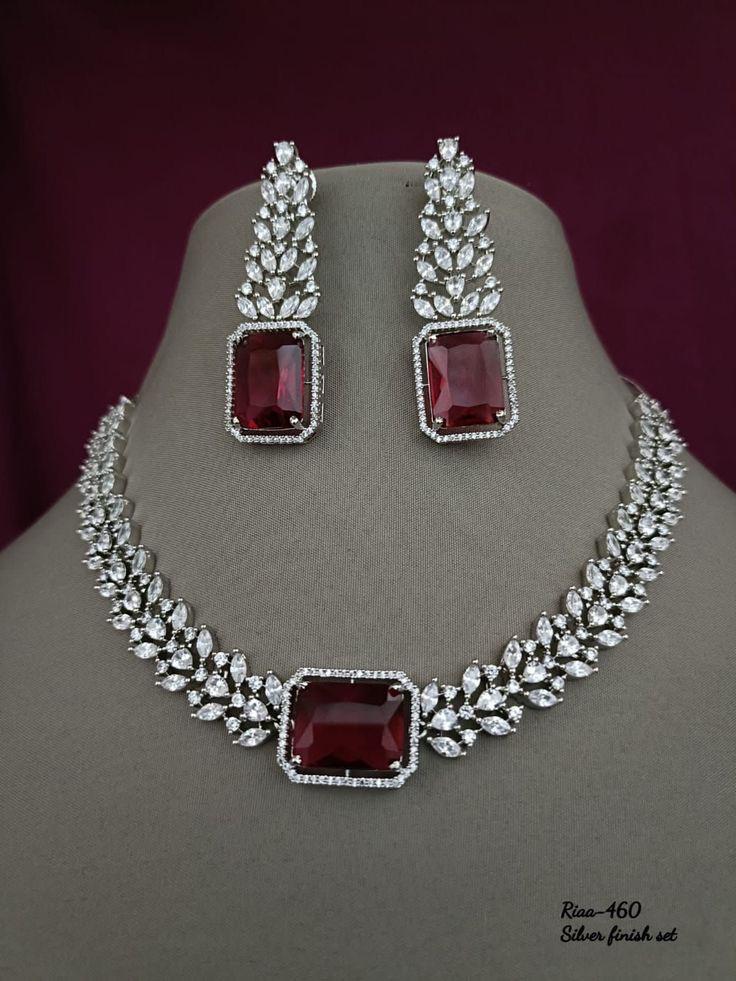 Royal Ruby Statement Necklace & Earring Set Made 925 Sterling Silver