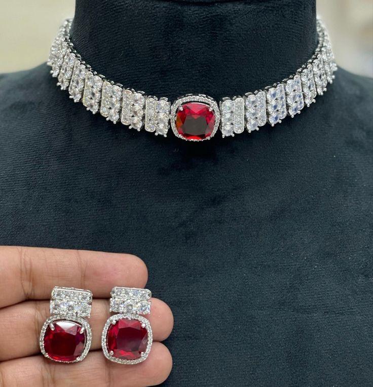 Luxury Ruby Choker Necklace & Earring Set Made 925 Sterling Silver