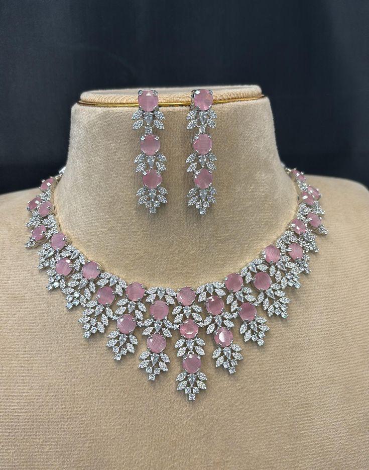 Blush Pink Floral Statement Necklace & Earring Set Made 925 Sterling Silver