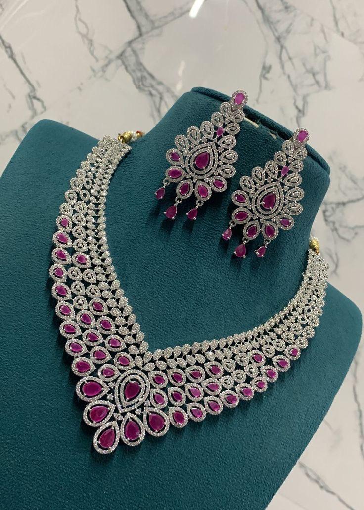 Royal Ruby Peacock Statement Necklace & Earring Set Made 925 Sterling Silver