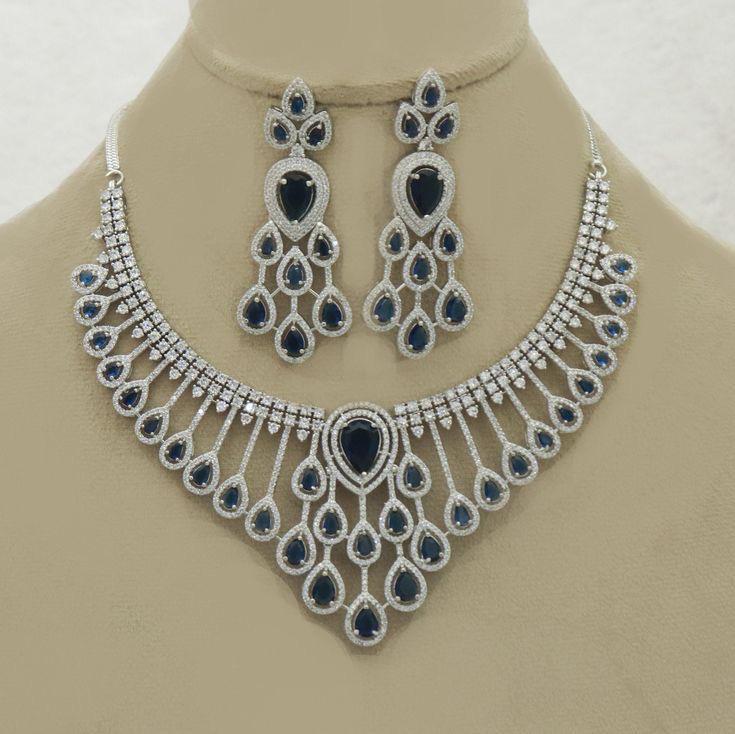 Royal Sapphire Teardrop Statement Necklace & Earring Set Made 925 Sterling Silver