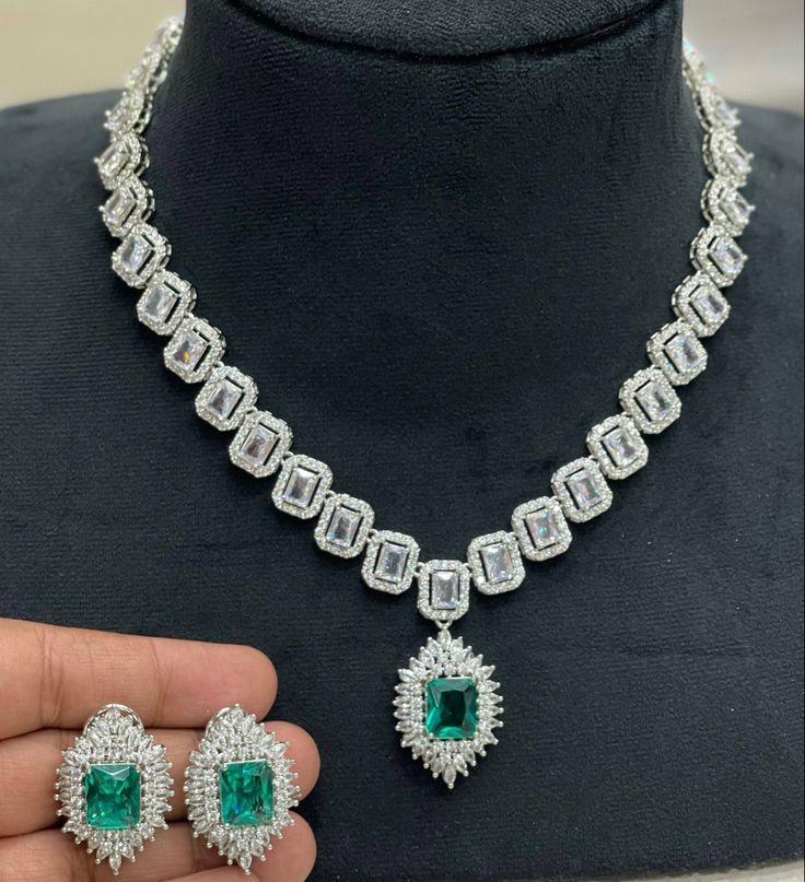 Royal Emerald Geometric Necklace & Earring Set Made 925 Sterling Silver