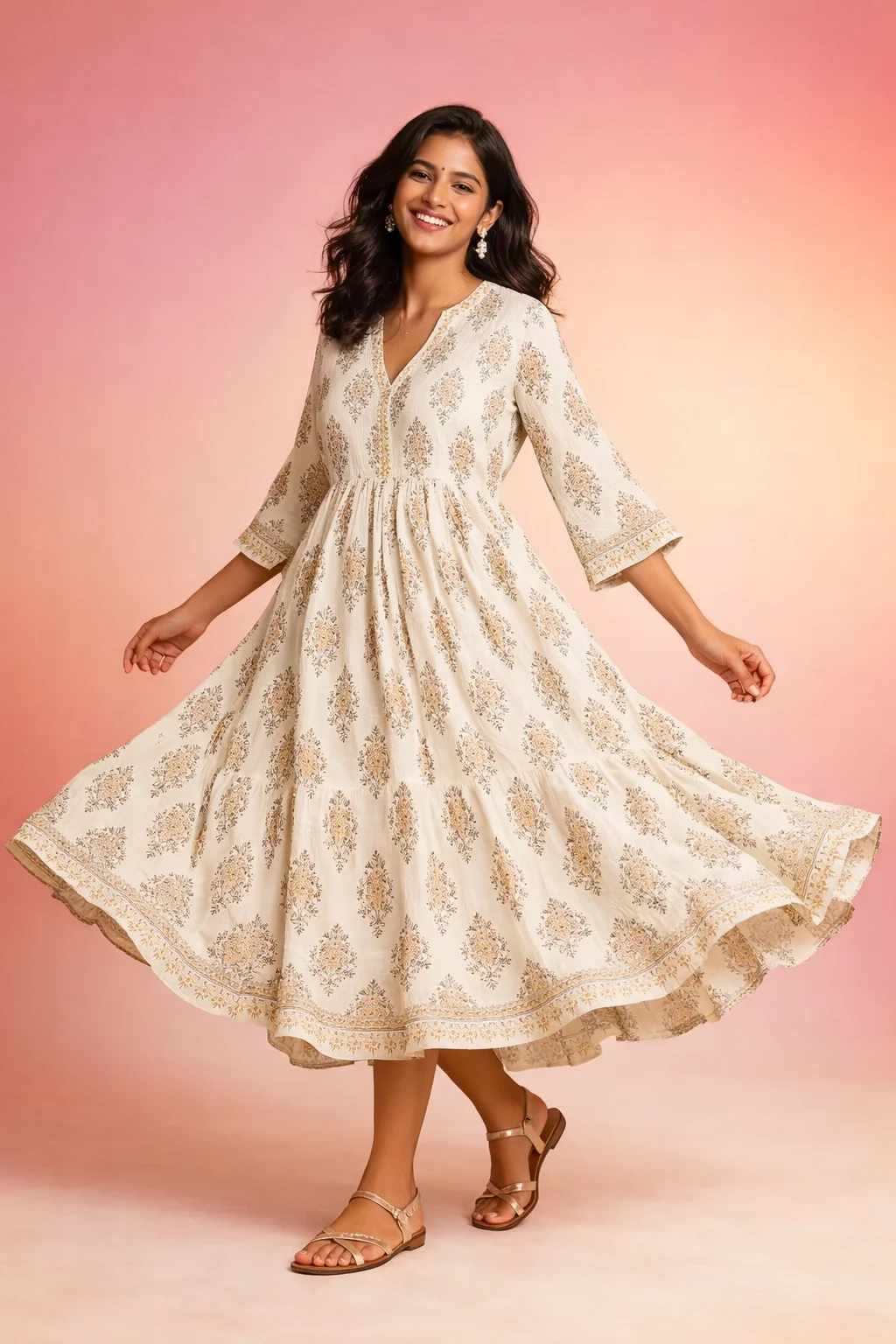 Khari Ivory Block-Print Dress