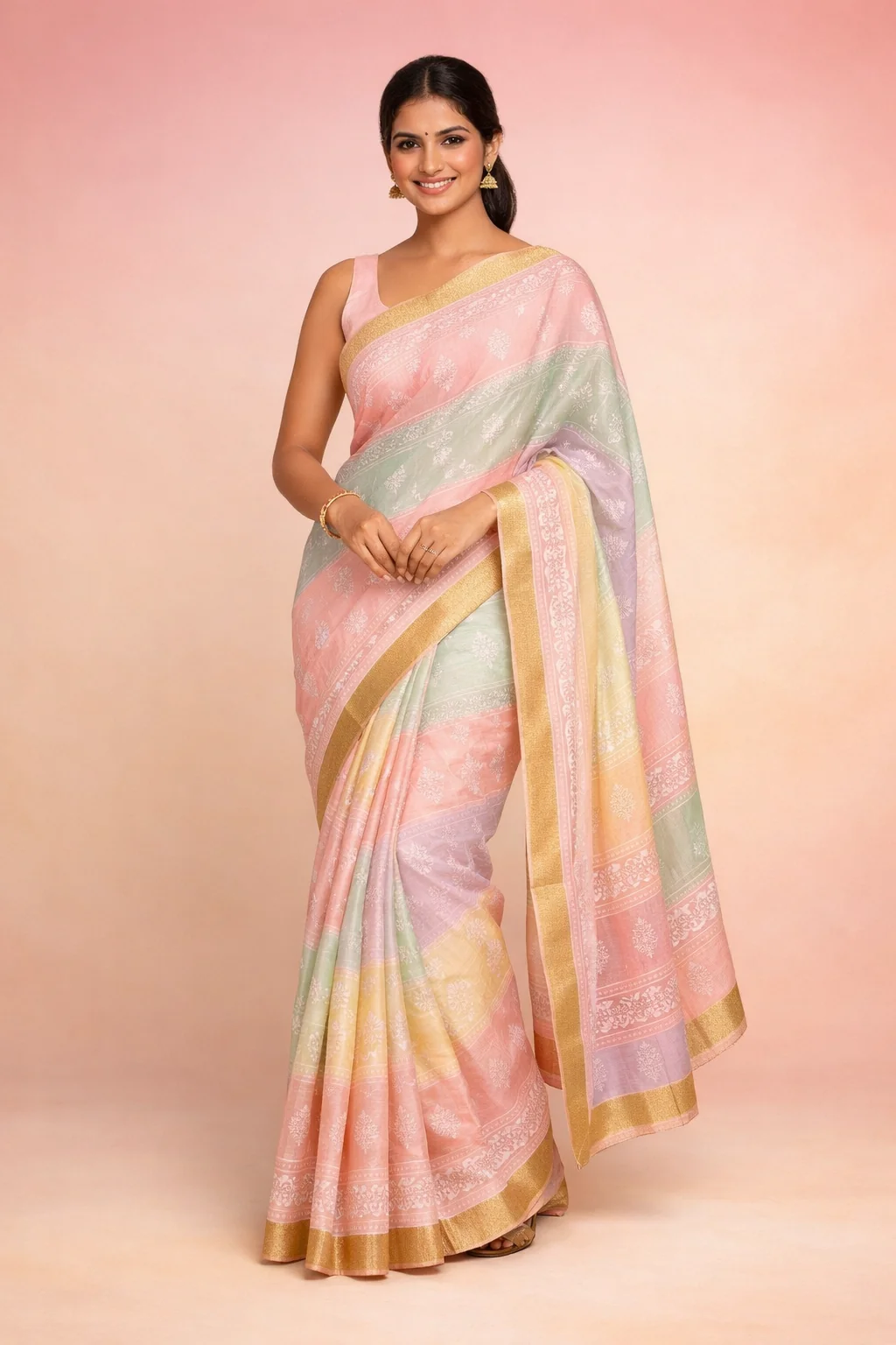 Khari Pastel Block-Print Saree